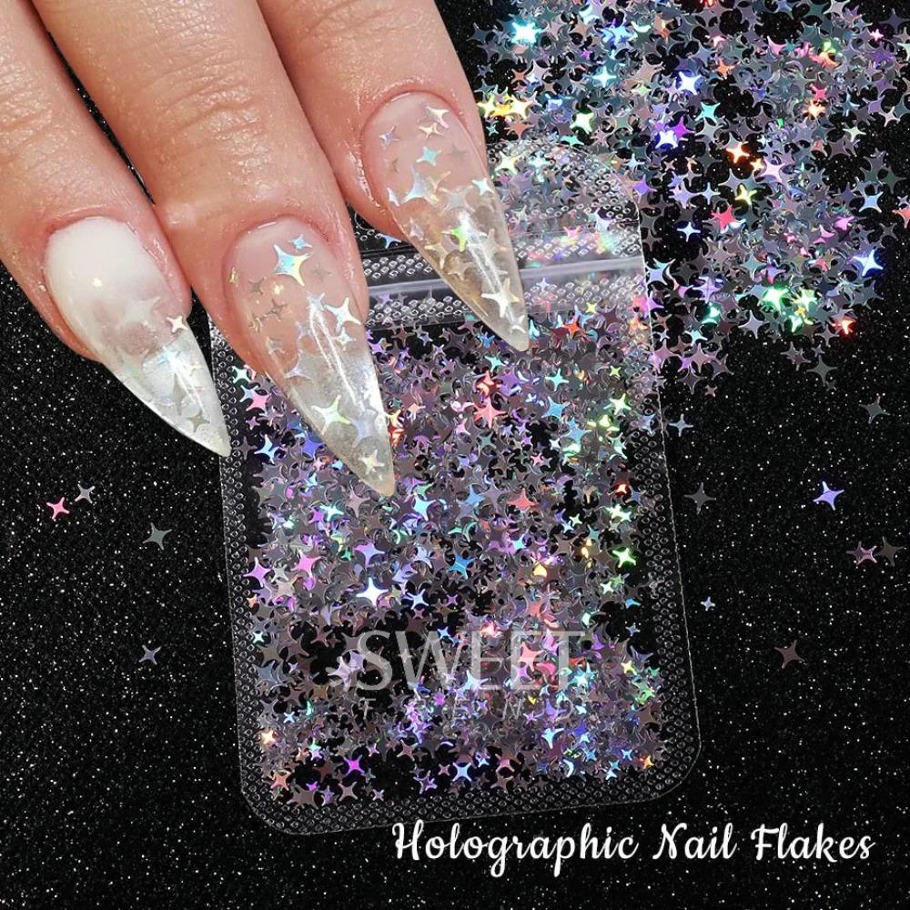 Holographic Star Shaped Nail Patch Laser Silver Four Corner Star Nail Glitter Laser Flash Shiny Film Nail Decoration