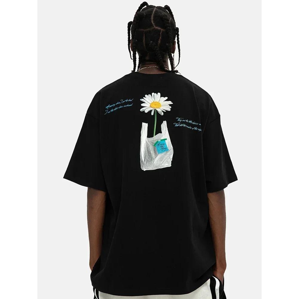 Little Daisy Graphic T-Shirt Men's Trendy Couple Cotton Print Trend Hip Hop Loose Short Sleeves Men Clothing Oversized T Shirt