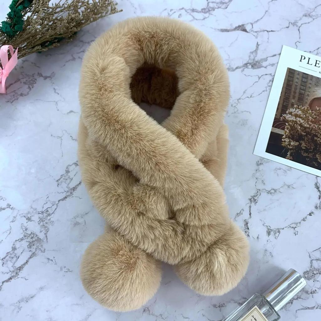 Girl's Autumn and Winter Fur Rabbit Plush Thick Warm Scarf Fashion Solid Color Fur Ball Cross Student Clothes Accessories