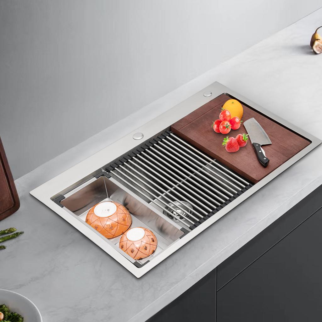 33In 304 Stainless Steel Kitchen Sink, Single Bowl Drop-In Sink with Accessories, Modern Design for Remodeling, Sink Workstation