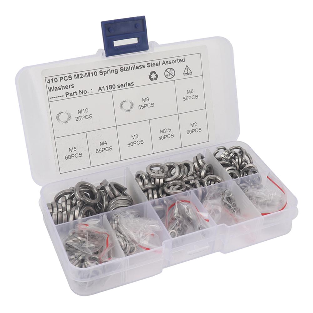 

A1180 410Pcs M2-M10 Stainless Steel Assorted Spring Washers with Plastic Box Type A