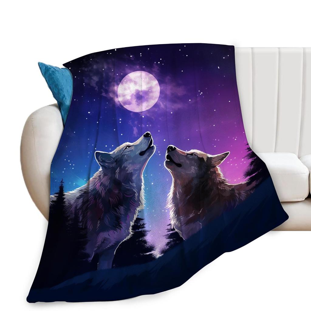 Wolf Series under the Moonlight digital-printed polyester velvet flannel cover blanket Fleece soft sofa cover blankets for beds