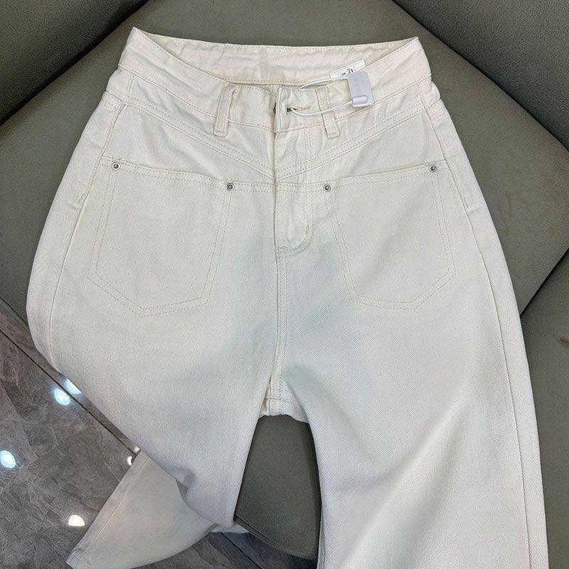 Women High Waisted Beige Straight Leg Jeans Spring Autumn Korean Style Wide Leg Pants Slim Fit V Line Stitching