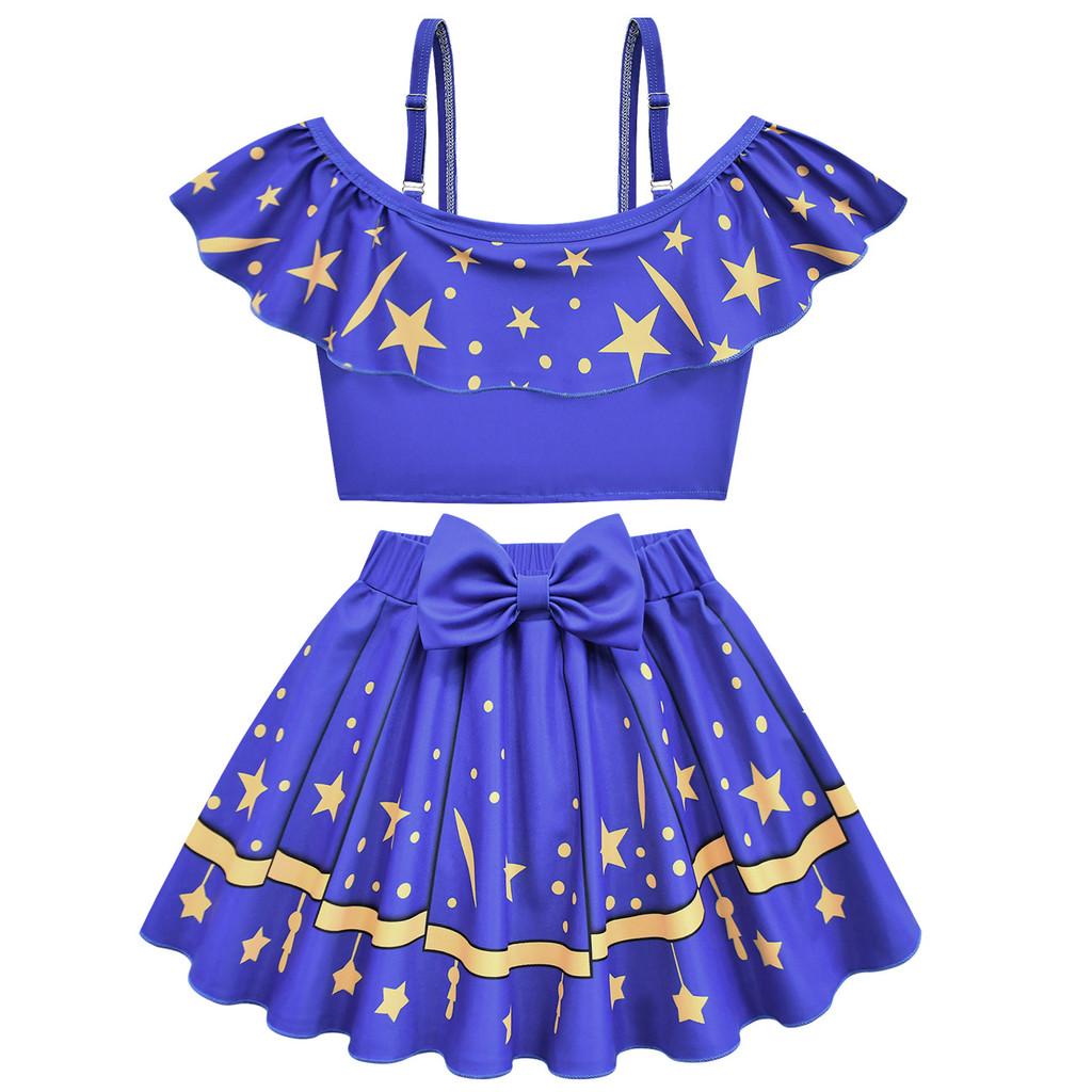 

20872 Kids Girls Lily Lovebraids Print Strappy Sleeveless Swimsuit Swimwear Top Skirt Sets 100cm синий