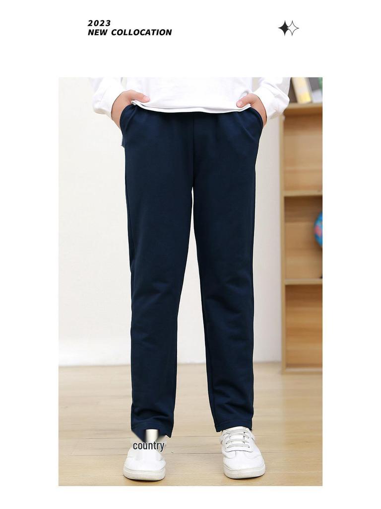 Calças Esportivas Retas com Forro de Fleece Azul Escuro para Meninas do Ensino Fundamental - Uniforme Escolar Primavera/Outono