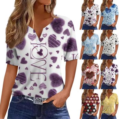 Women's Fashion Casual V,Neck Short,Sleeve T,Shirt With Decorative Buttons And Valentine's Day Print Top