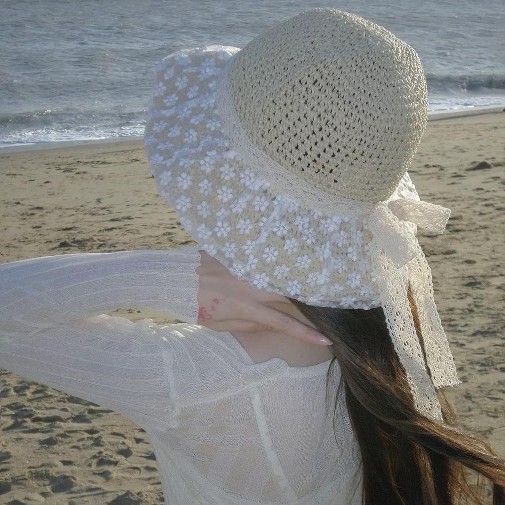 Summer New Seaside Sun Hat Breathable Sunscreen Hat Large Brim Bucket Hat Foldable French Lace Straw Hat