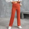 New Women High Waist Casual Straight Pants with Pockets European American Fashion Elastic Waist Button