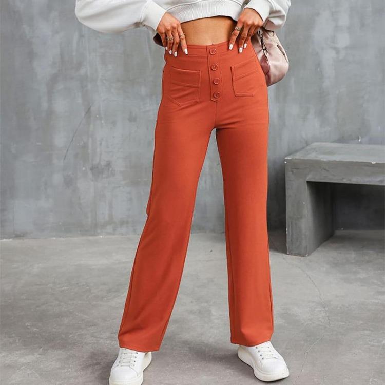 New Women High Waist Casual Straight Pants with Pockets European American Fashion Elastic Waist Button