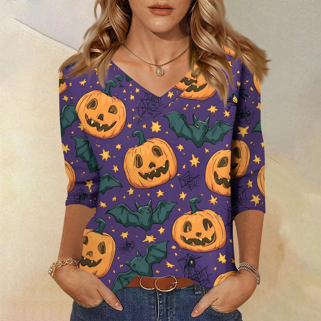 Women's Casual Halloween Print V Neck Three Quarter Sleeve Top Lightweight Loose Fit Pullover Shirt for Fall Seasonal Wear
