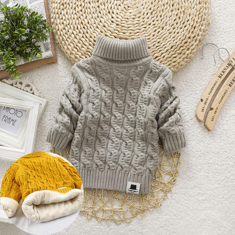 Boys and Girls Sweaters Plus Velvet and Thick Korean Style Knitted Fir Base Shirt Baby Children Round Neck High Collar Warm Sweater