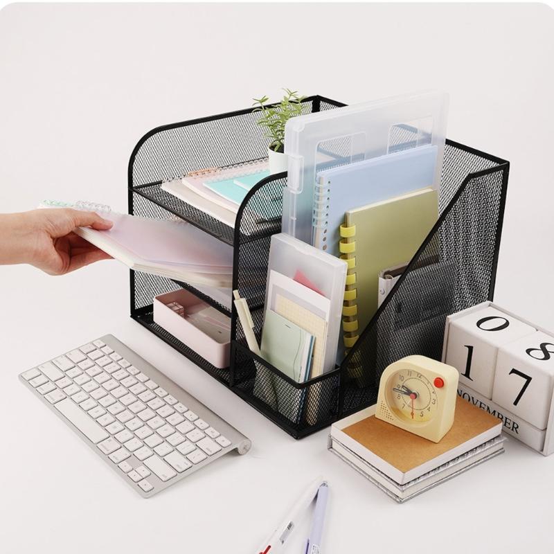 Desk Paper File Tray Organiser 3-Tiered Metal File Letter Tray With Book Rack Space Saving Document Organiser For Office