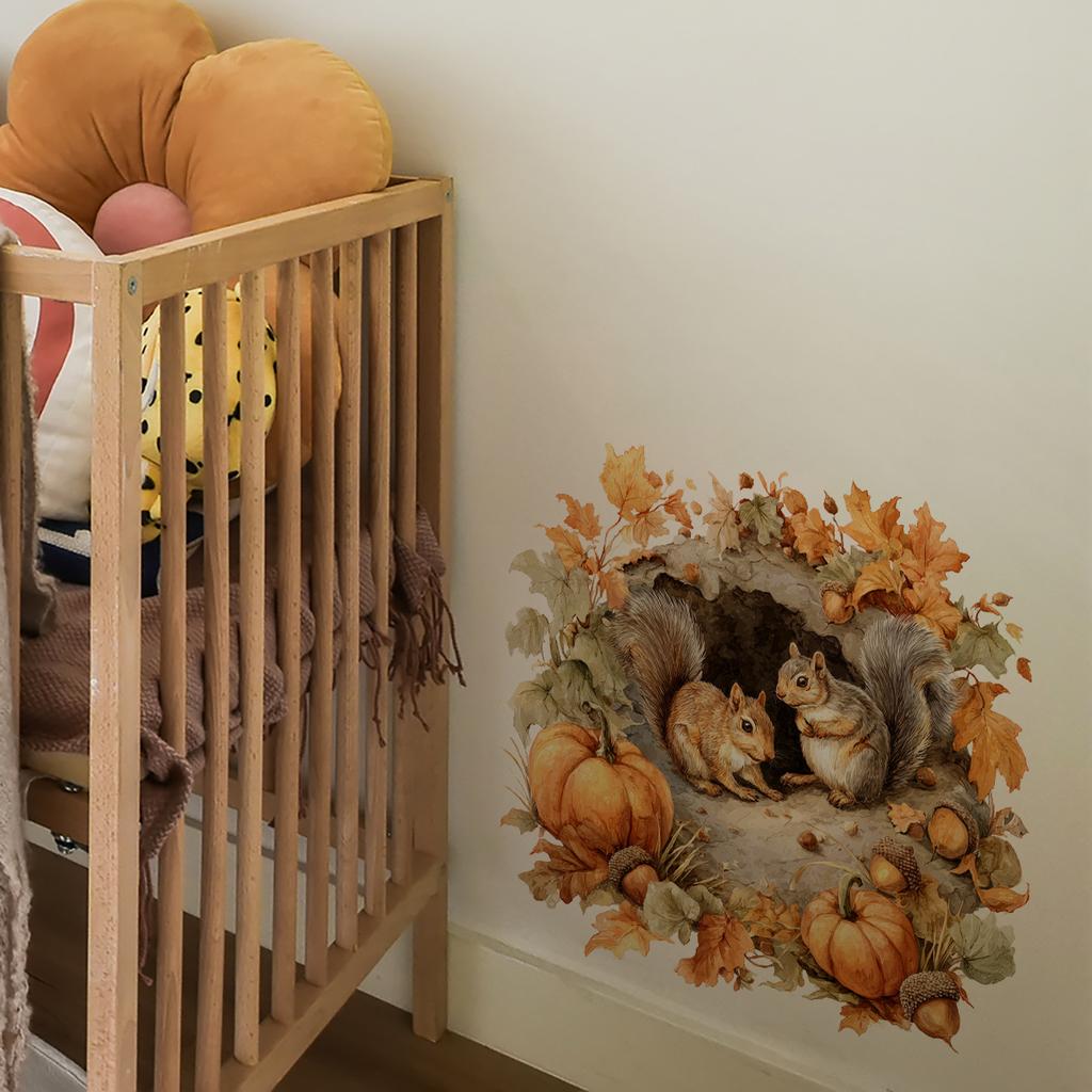 Autumn Squirrel Wall Sticker Featuring Two Squirrels Perched in Tree Holes. Pumpkins and Autumn Leaves Surround Them.