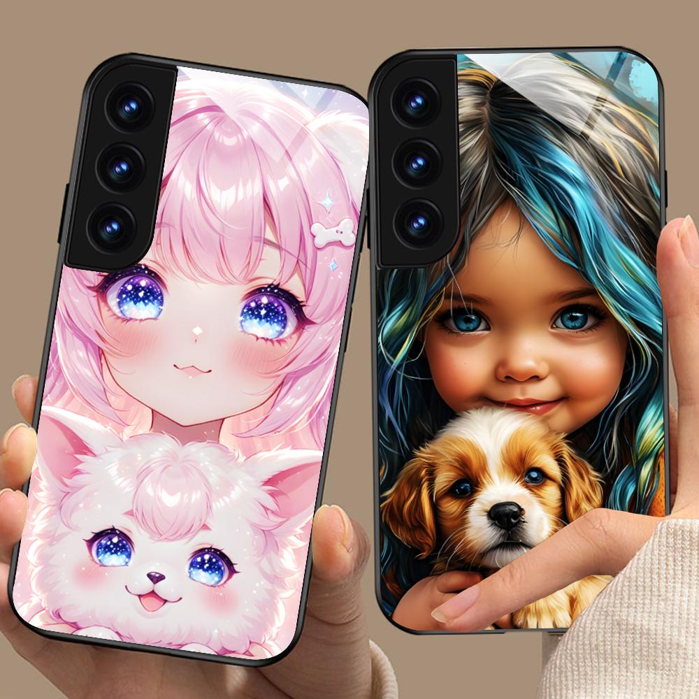 Girl Dog Puppy Glass Mobile Phone Case for Samsung Galaxy A56 55 54 53 52 51 36 35 34 23 16 15 5G Colorful Cover