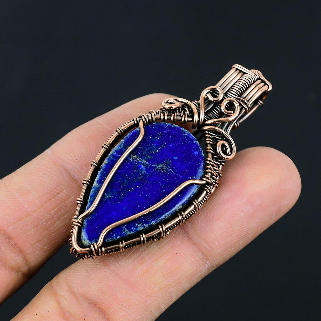 Vintage Style Lapis Lazuli Copper Wrapped Pendant  Artisan Handmade Blue Stone Jewelry For Gift