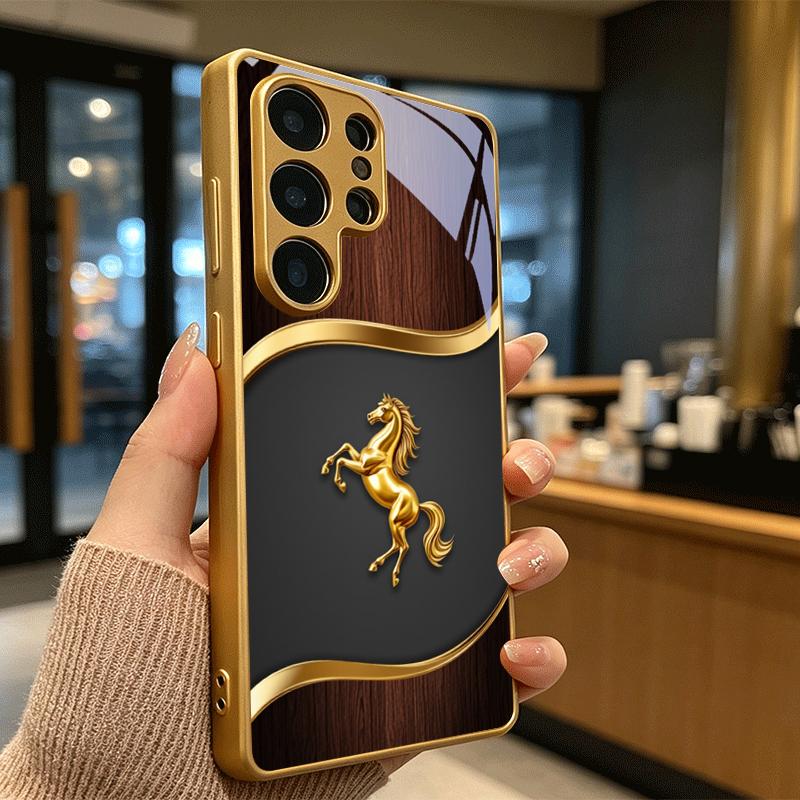 Stallion Emblem Electroplated Golden Phone Case For Samsung Galaxy S25 S24 S26 S23 S22 S21 S20 Ultra Plus FE S26+ Glass Cover
