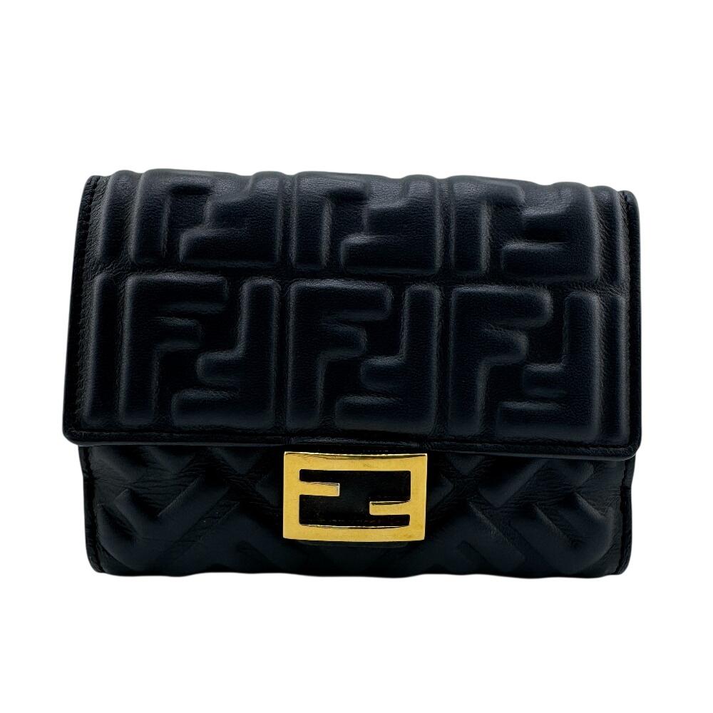 

FENDI 8M0419 W Hook Wallet Embossed Zucca lambskin baguette Bifold Wallet black lambskin Women Used