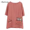 Korean Style Plus Size Summer Women Ramie Top O Neck White Black Blue Casual Loose T-Shirt Cartoon Embroidery Oversized Ladies' Tee