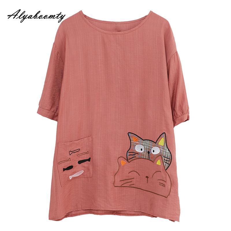 Korean Style Plus Size Summer Women Ramie Top O Neck White Black Blue Casual Loose T-Shirt Cartoon Embroidery Oversized Ladies' Tee