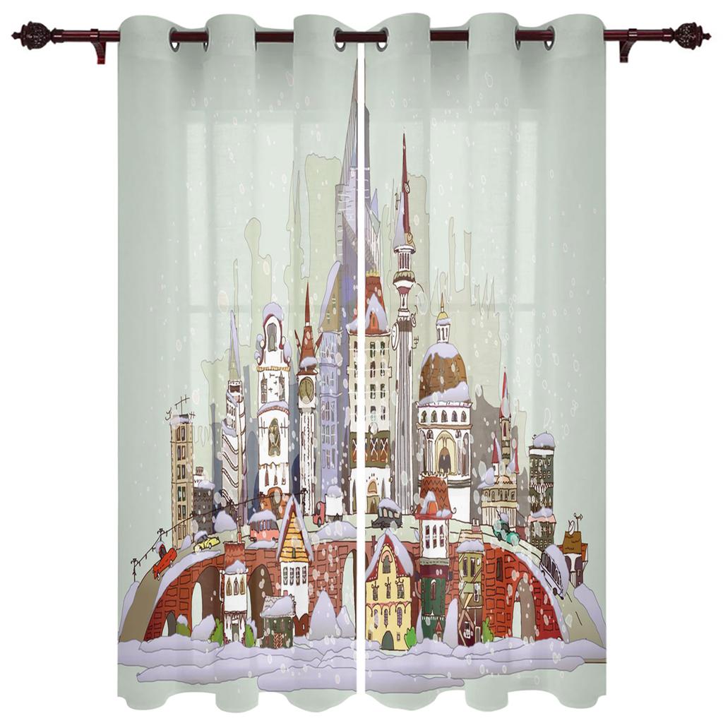 Christmas City Houses Building Castle Curtains for Bedroom Living Room Drapes Kitchen Children's Room Window Curtain Home Decor