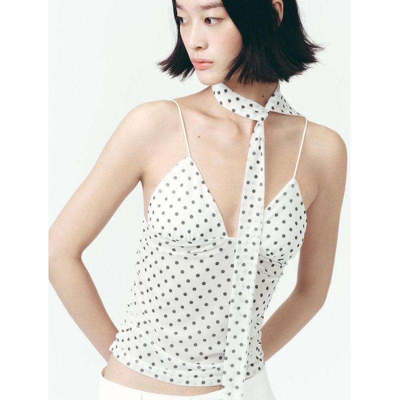 Summer New Product Women's Clothes Minimalist V Neck Sleeveless Scarf with Polka Dot Print French Romantic Tops 0347316
