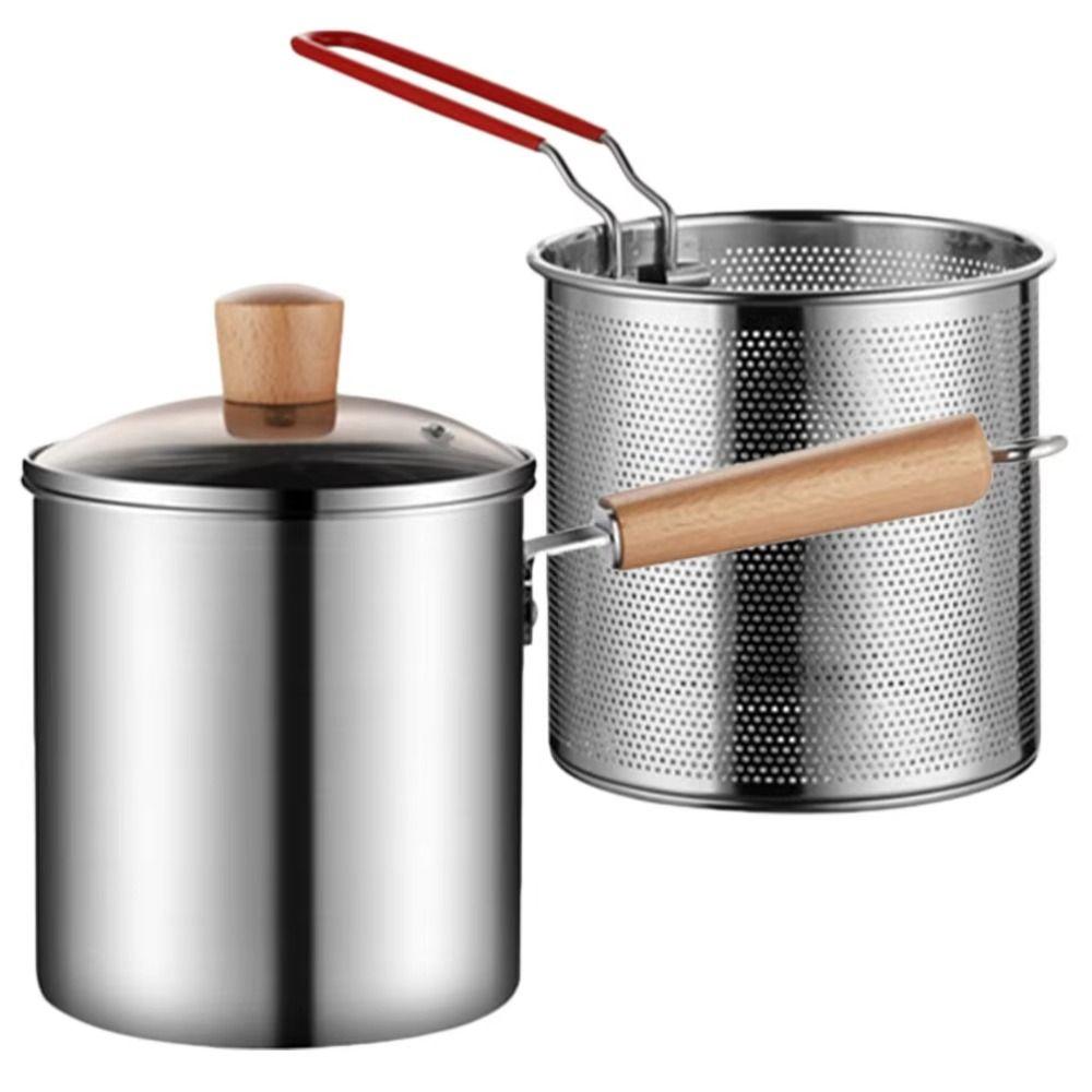 Wood Handle Deep Fryer Pot Strainer Basket Milk Warmer Pot Stainless Steel Frying Pan  French Fries