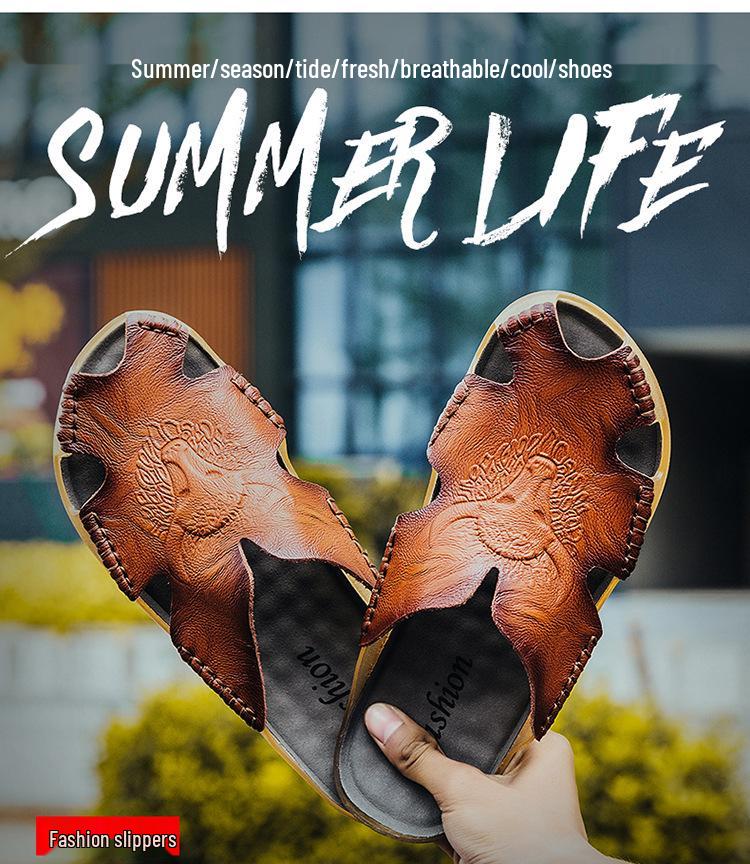 Plus Size Men's Breathable Leather Closed-Toe Sandals - Lightweight One-Strap Casual Beach Shoes