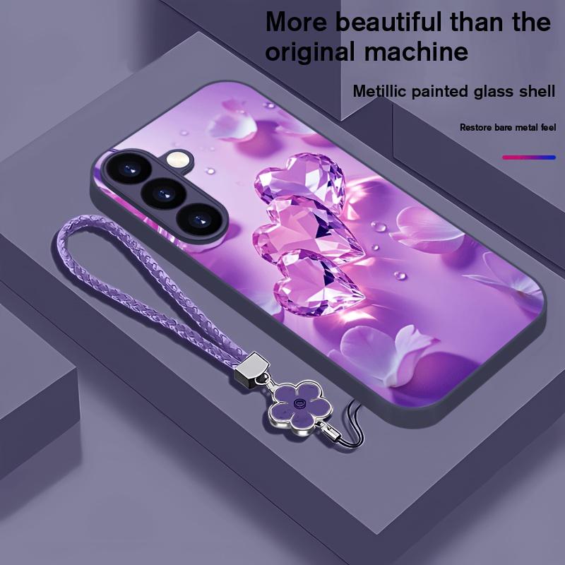Capa de telefone de vidro com pintura metálica de coração de flor adequada para Samsung Galaxy S26 S25 S24 S23 S22 S21 S20 FE/Ultra/Plus anti-queda