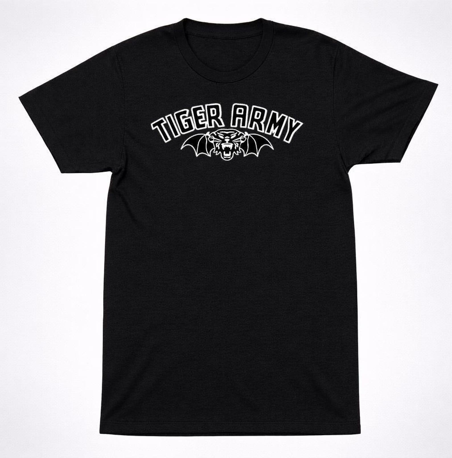 Tiger Army Logo Tee Psychobilly Punk Shirt, Bat Wing Tiger Graphic (Black, White Ink, Unisex S-XXL, Vintage Style) S