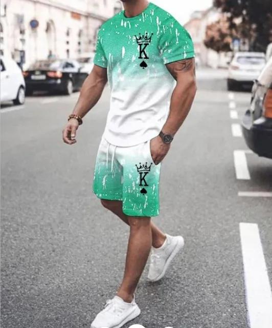 Europejski amerykański zestaw męskich T-shirtów Lato Nadruk 3D Litery Karty do gry Spodenki Krótki rękaw Kombinezon 2-częściowy zestaw Casual