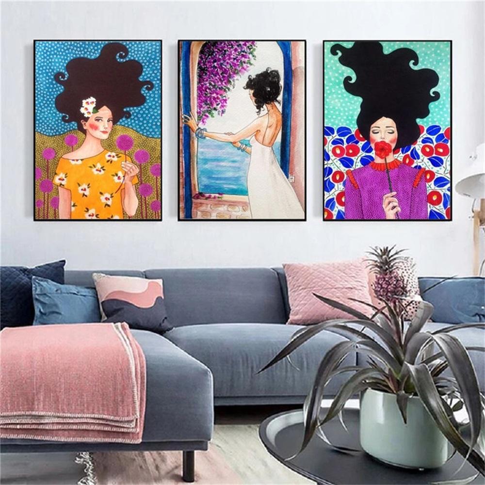 Nordic Abstrakte Mädchen Blume Vogel Leinwand Malerei Poster Drucke Vintage Wand Kunst Bild für Wohnzimmer Wohnkultur Cuadros Kein rahmen