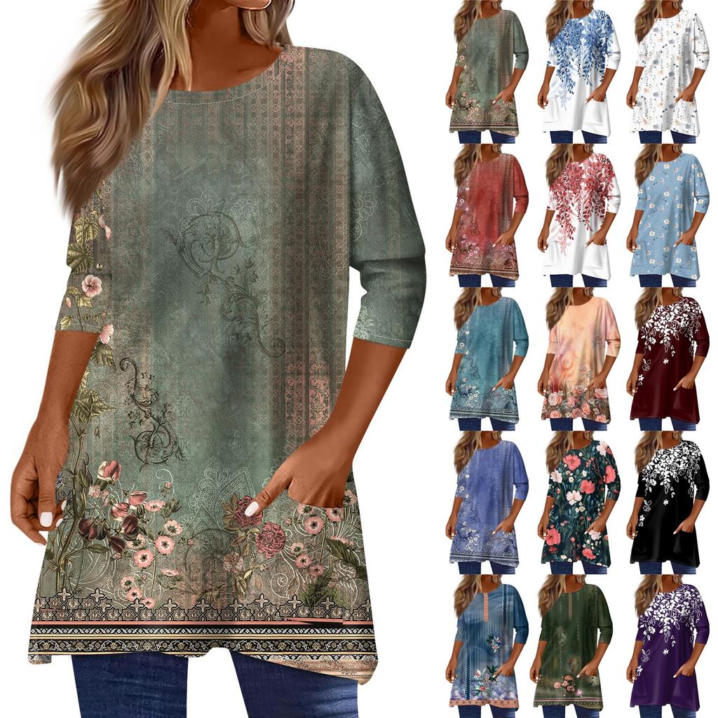 3/4-ermetopper for kvinner T-skjorte Casual Print Topper T-skjorte Rund hals Pullover Bluse