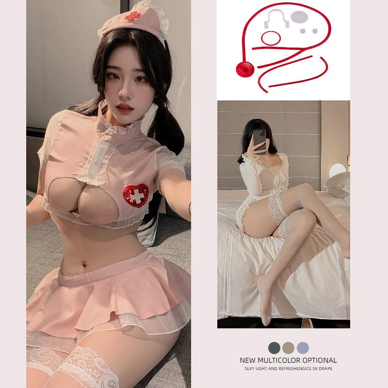 Sweet Lolita Dresses Cosplay Costume Women Nurse Outfit Anime Sexy Pink Dress HOT See-through Uniform Nightclub Bar Sex Costumes