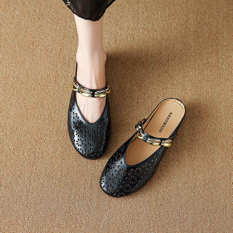 Krazing Pot Cow Skin Mules Round Toe Size 42 Low Heels Slip On Light Shoes Increased Hollow Style Autumn Pumps