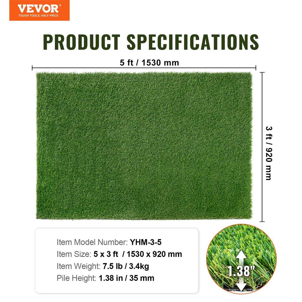 Artifical Grass, 0.9 X 1.5 M Rug Green Turf, 35mm Fake Door Mat Outdoor Patio Lawn Decoration, Easy To Clean with Drainage Holes, Perfect For