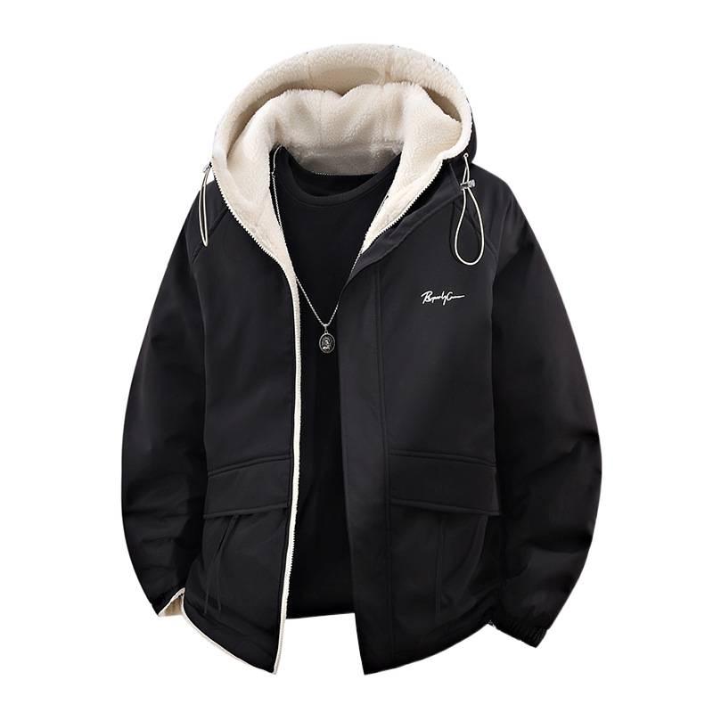 Men's Green Lambswool Hooded Jacket: Double-Sided, Casual, Velvet-Lined, Autumn/Winter Coat.