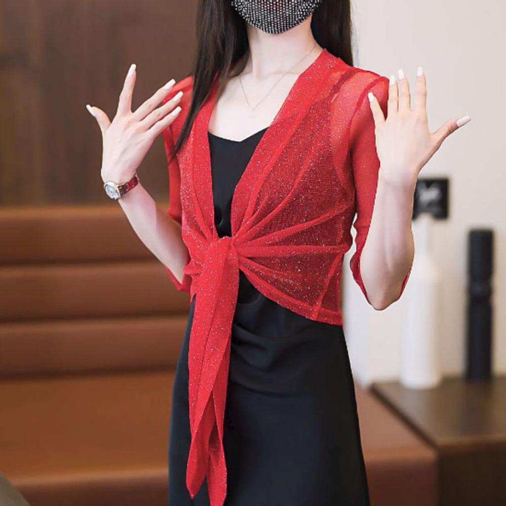 

Thin Sunscreen Cropped Blouse Shiny Short Coat Fashion Mesh Shawl Travel красный