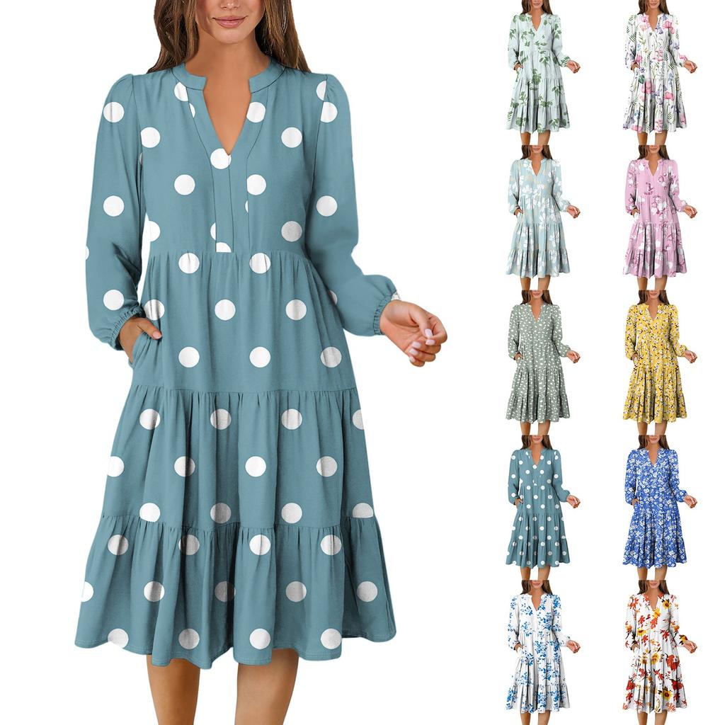 Women's V-Neck Flowing Layered Bohemian Long Sleeve Floral Print Dress