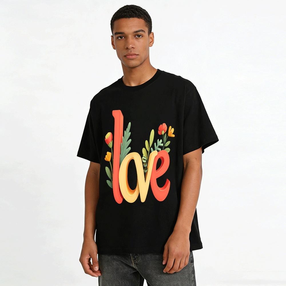 Floral LOVE Letter Print Casual Versatile Couple Top Pure Cotton T-shirt