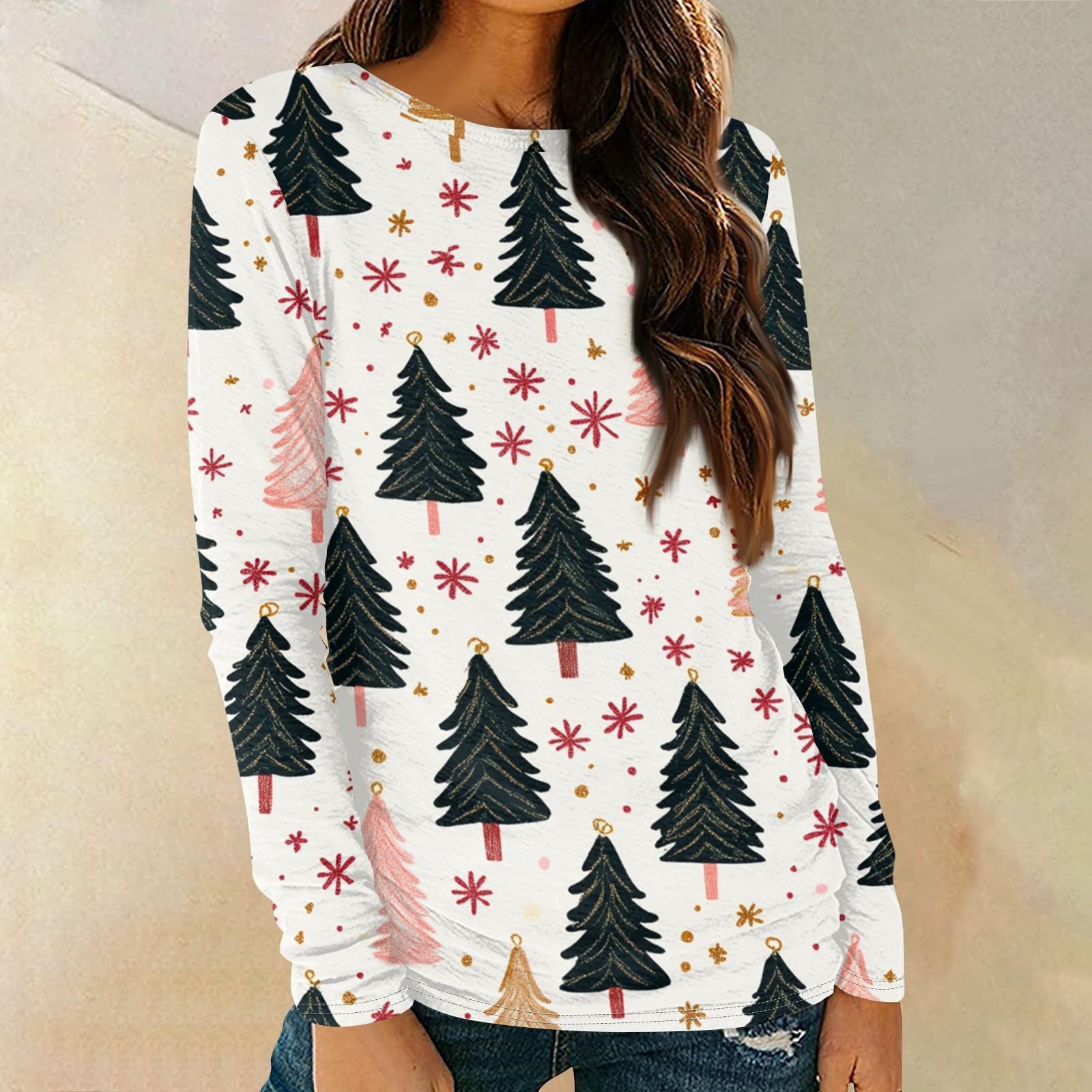 

Женская мода круглый вырез пуловер с глубокими рукавами футболка с рождественским принтом топ L белый