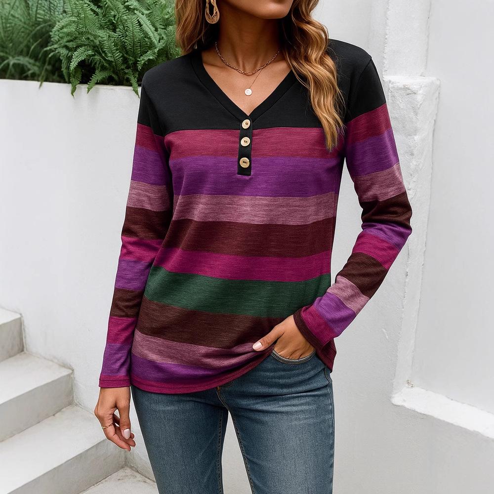 2025 Neue Herbst- und Winter-Damen-Freizeit-V-Ausschnitt Langarm Lockerer Pullover Bedrucktes Damen-T-Shirt