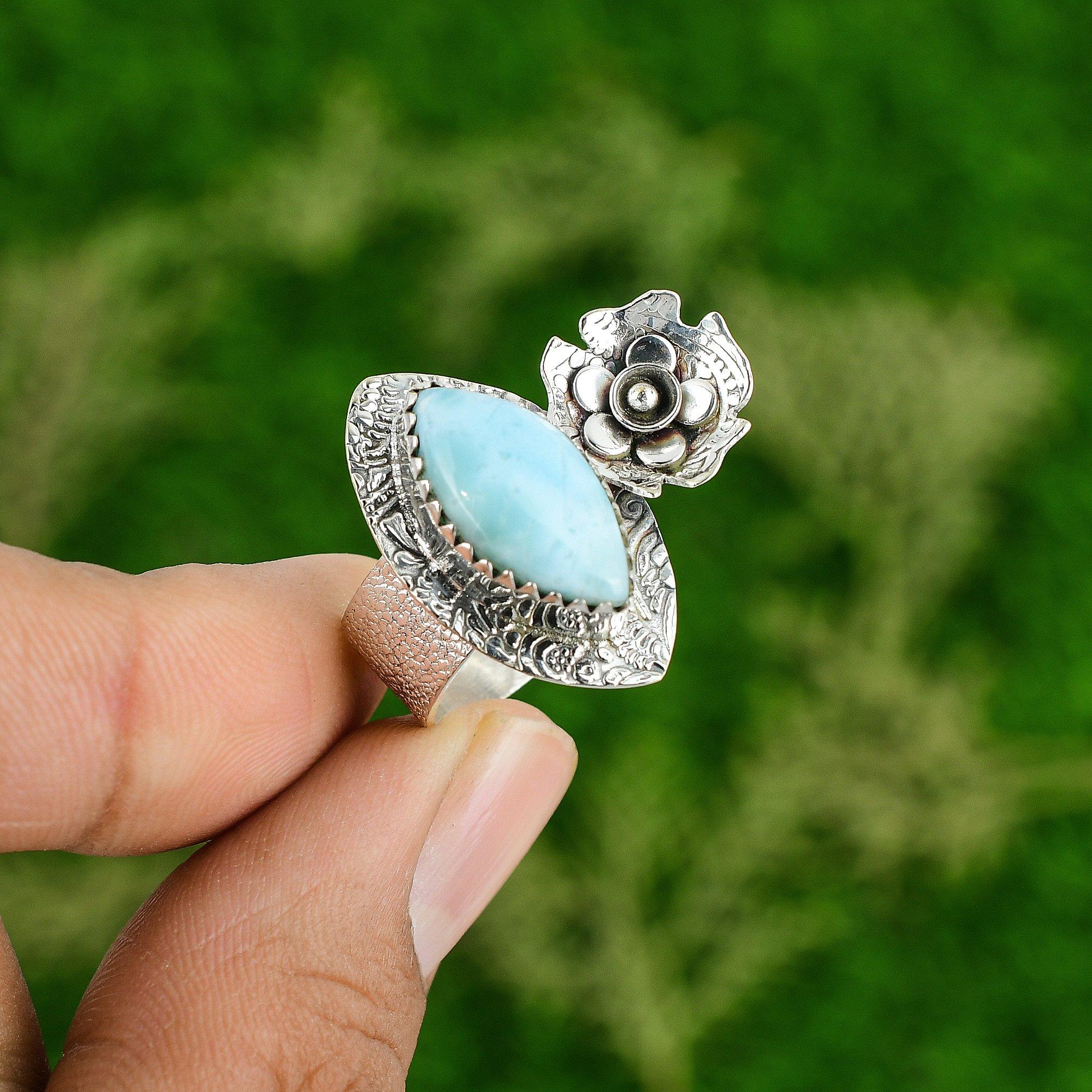 

Birthday Gift For Her Natural Larimar Promise Flower Ring Size 7 925 Silver 7