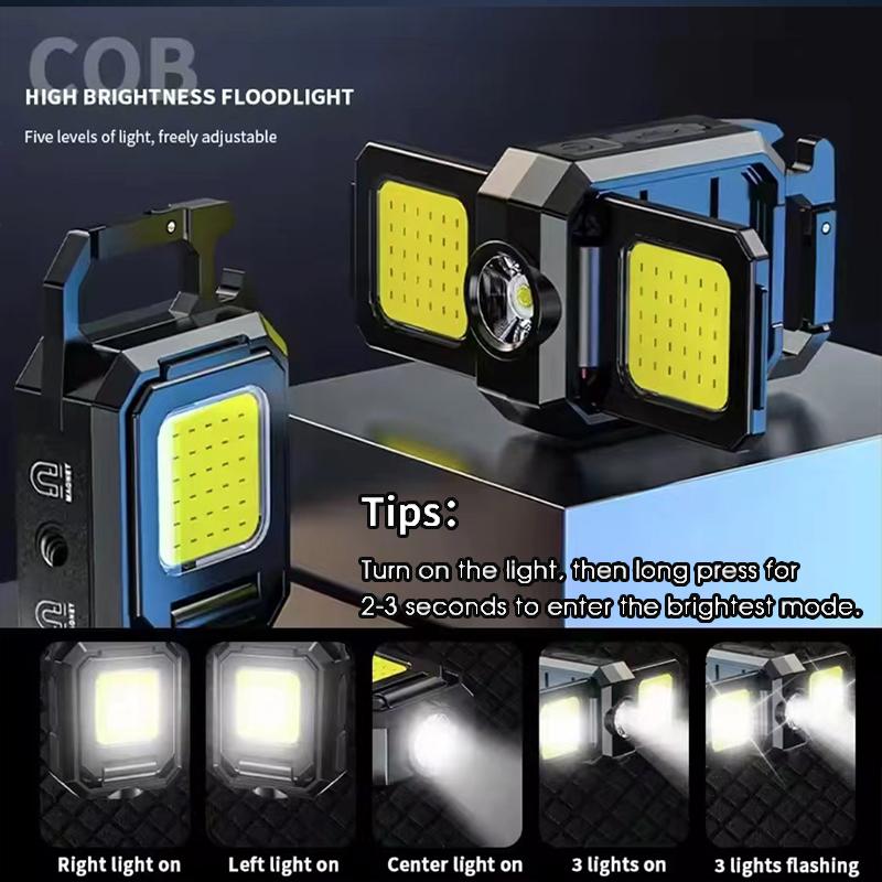 Portable Mini LED Torches, COB Keychain Work Light, 90° Foldable Lamp, IPX5 Waterproof Rechargeable Flashlight with Magnet Base