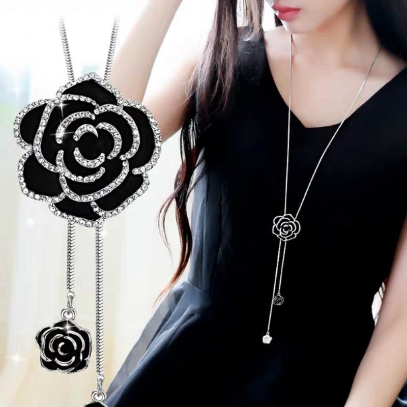 

Модное геометрическое длинное ожерелье с черной розой, цепочка для свитера, модные металлические подвески с кристаллами, ожерелья для женщин, ювелирные изделия для вечеринок