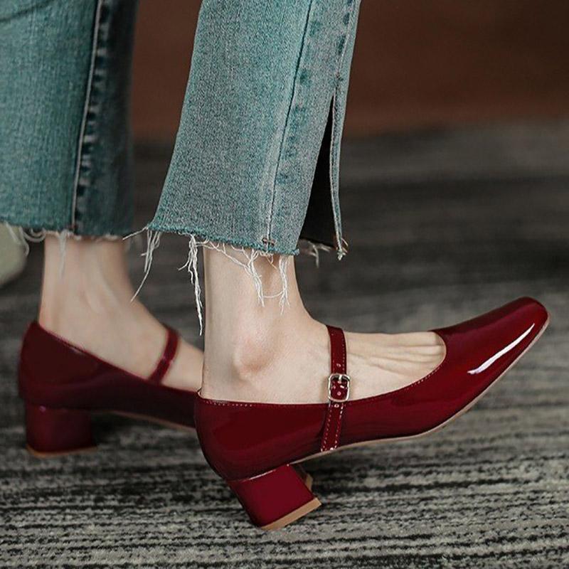 New Plus Size 41 Women Mary Jane Shoes Square Toe Pumps Patent Leather Dress Shoes Office Ladies Shoes Mid Heels Wine Red Shoes