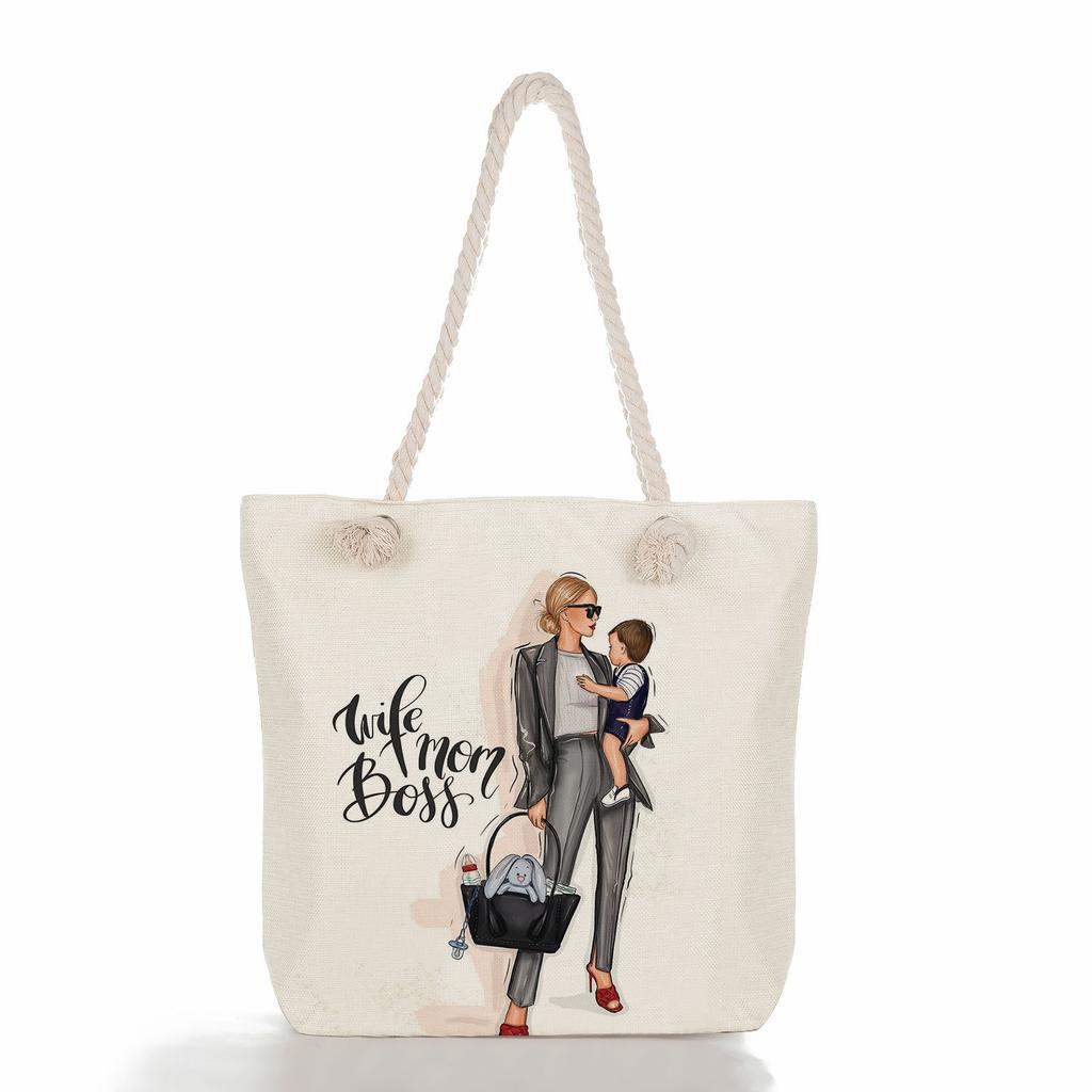 Multifunctional Mom Series Printed Thick Rope Shoulder Beach Bag Casual Large Capacity Handbag 7617