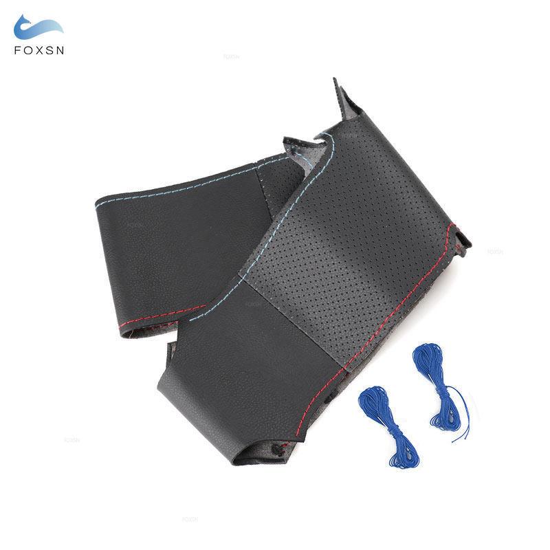 Biltillbehör Flätad Rattöverdrag Handgjord Svart Läder röd blå linje För BMW M Sport M3 E46 330i M5 E39 525i