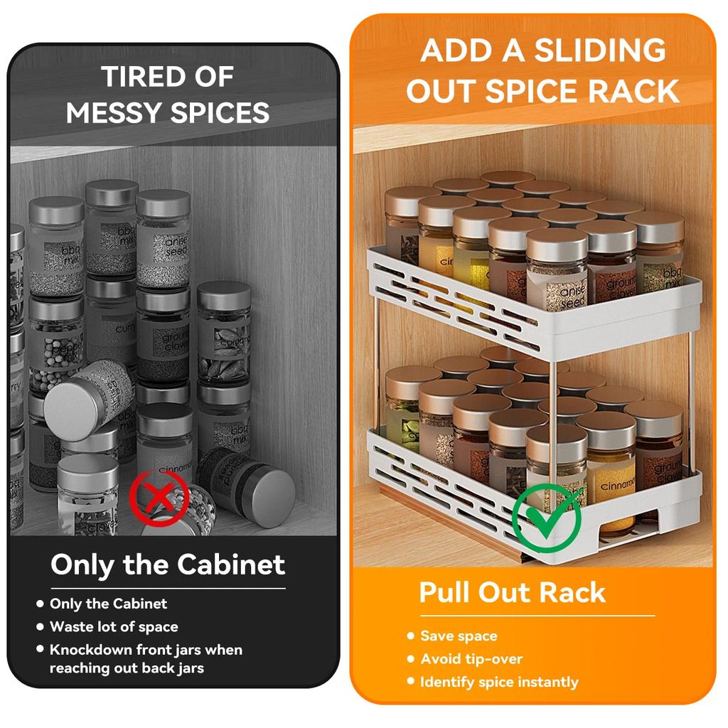 Kitchen Cabinet Storage Organizer Pull-out Seasoning Bottle Storage Rack Sliding 2 Tier Plastic Organizer Shelf