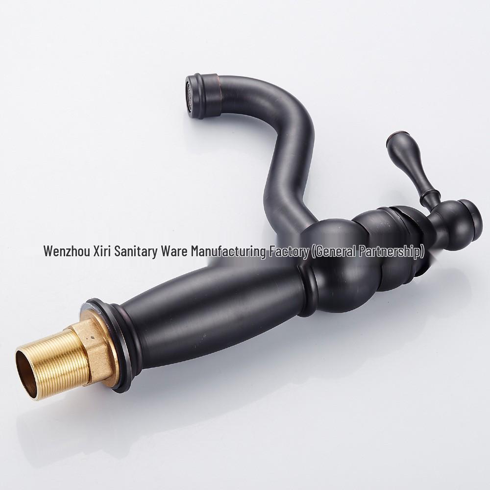 Vintage Black Single-Handle Basin Faucet with Brass & Blue-White Porcelain