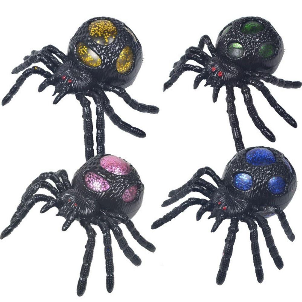 Novelty Black Spider Spoof Squeeze Toy Gold Glitter Filled Halloween Spider Squishy  Holiday Party